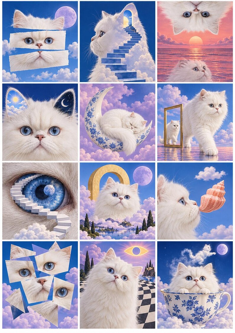 May include: A collage of twelve surreal images featuring a fluffy white cat with blue eyes in various dreamlike settings, including clouds, a blue staircase, a crescent moon, a mirror, a seashell, and a floral teacup against a blue sky.