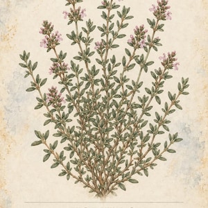 May include: A botanical illustration of a thyme plant with small green leaves and clusters of light pink flowers. The text reads HERBARIO PLANTAS MEDICINALES 06 / 40, TOMILLO, Thymus vulgaris, and Peque&ntilde;o arbusto de hojas diminutas y arom&aacute;ticas, con flores rosadas que atraen a los polinizadores.