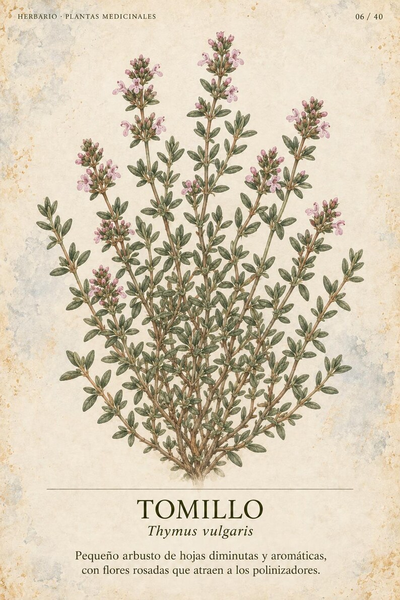 May include: A botanical illustration of a thyme plant with small green leaves and clusters of light pink flowers. The text reads HERBARIO PLANTAS MEDICINALES 06 / 40, TOMILLO, Thymus vulgaris, and Peque&ntilde;o arbusto de hojas diminutas y arom&aacute;ticas, con flores rosadas que atraen a los polinizadores.