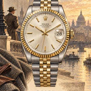 Op de afbeelding: Een Rolex Oyster Perpetual Datejust horloge met een tweekleurige zilveren en gouden gekartelde lunette, een champagnekleurige wijzerplaat met gouden uurmarkeringen en een jubilee-band. De datum 28 is zichtbaar in een venster met loep.