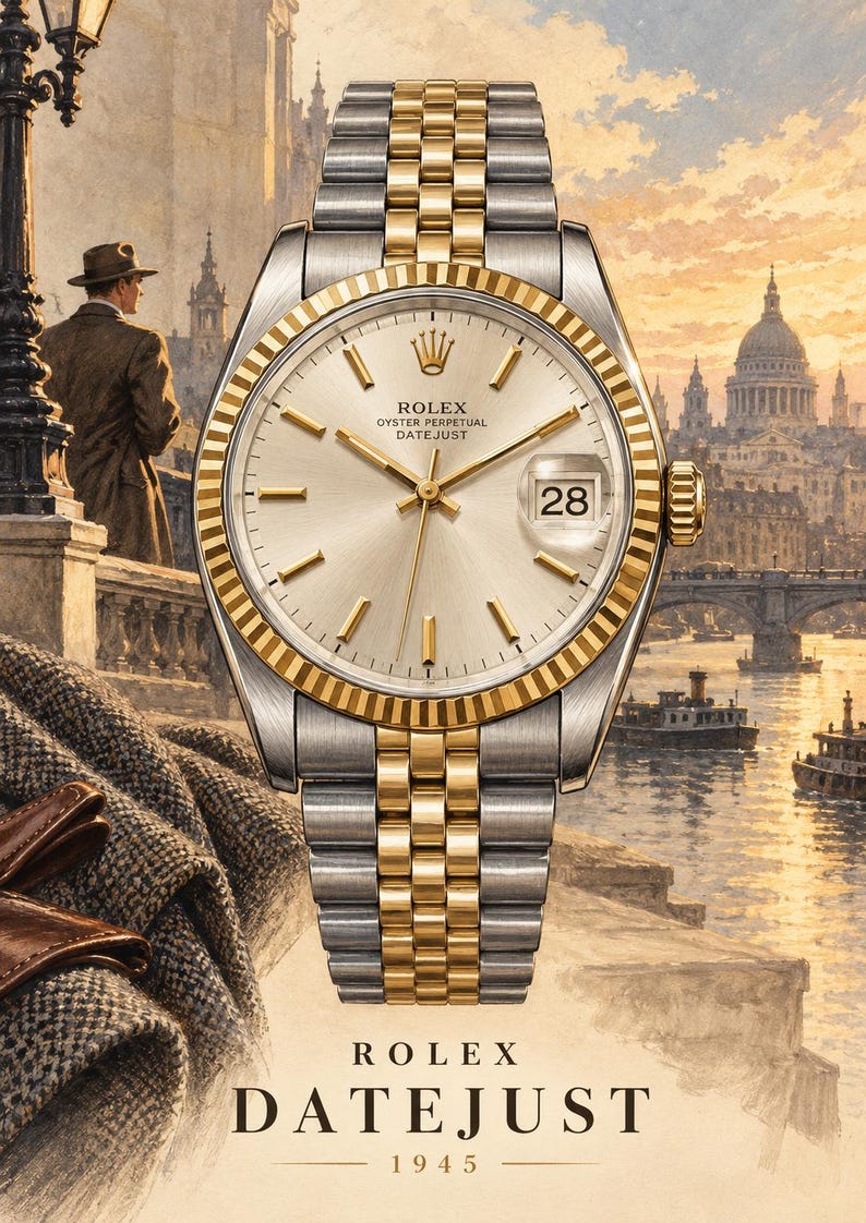 Op de afbeelding: Een Rolex Oyster Perpetual Datejust horloge met een tweekleurige zilveren en gouden gekartelde lunette, een champagnekleurige wijzerplaat met gouden uurmarkeringen en een jubilee-band. De datum 28 is zichtbaar in een venster met loep.