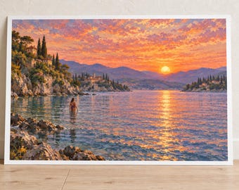 Mediterranean Sunset Lake Art Print, Golden Water and Evening Swimmer, Digital Download