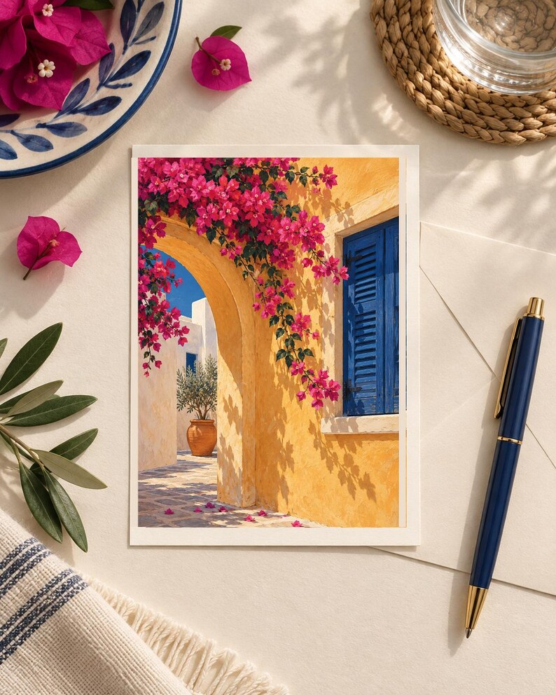 May include: A rectangular greeting card featuring a vibrant illustration of a yellow Mediterranean building with a blue shuttered window and an arched doorway draped in bright pink bougainvillea flowers, with a potted olive tree visible.