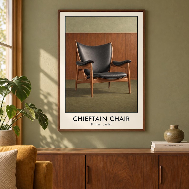 May include: A framed wall art print featuring a black leather Chieftain Chair with a wooden frame. The print includes the text CHIEFTAIN CHAIR and Finn Juhl at the bottom, set against a background of wood panelling and a dark floor surface.