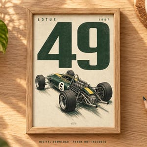 May include: A framed print featuring a vintage Lotus 49 race car from 1967. The artwork displays the large dark green number 49 at the top, with the car shown in profile below, painted in green and yellow with the number 5 on its side.
