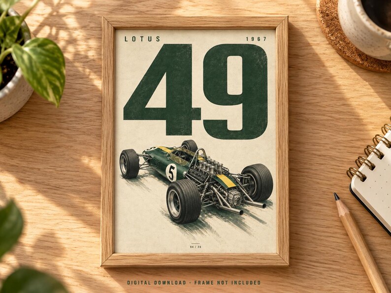 May include: A framed print featuring a vintage Lotus 49 race car from 1967. The artwork displays the large dark green number 49 at the top, with the car shown in profile below, painted in green and yellow with the number 5 on its side.