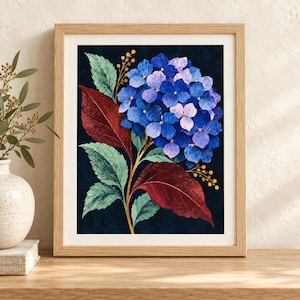 May include: A framed botanical print featuring a vibrant blue and purple hydrangea flower cluster. The artwork includes deep red and light green leaves set against a dark navy background, accented by small golden yellow sprigs.