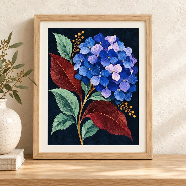 May include: A framed botanical print featuring a vibrant blue and purple hydrangea flower cluster. The artwork includes deep red and light green leaves set against a dark navy background, accented by small golden yellow sprigs.