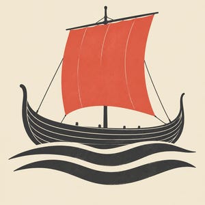 Pode incluir: Uma impress&atilde;o gr&aacute;fica apresentando um navio viking cinza-escuro com uma grande vela retangular vermelha vibrante. O navio est&aacute; posicionado acima de duas linhas pretas onduladas estilizadas que representam a &aacute;gua. A palavra WATERFORD est&aacute; abaixo.