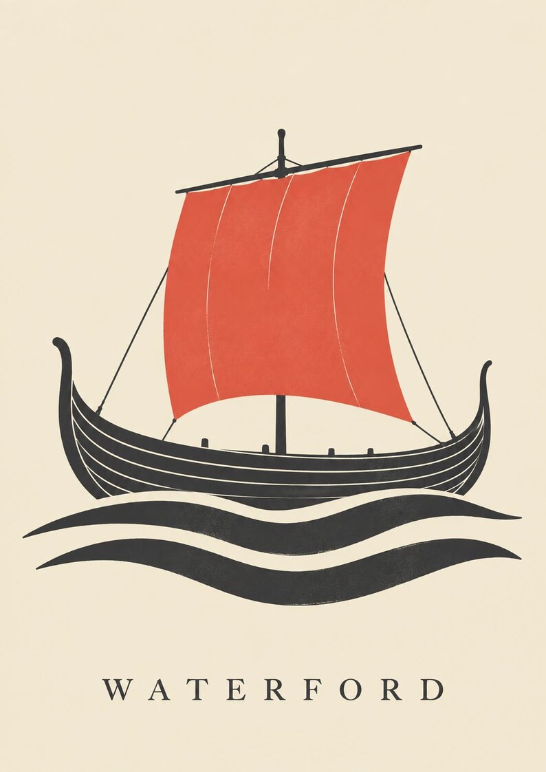 Pode incluir: Uma impress&atilde;o gr&aacute;fica apresentando um navio viking cinza-escuro com uma grande vela retangular vermelha vibrante. O navio est&aacute; posicionado acima de duas linhas pretas onduladas estilizadas que representam a &aacute;gua. A palavra WATERFORD est&aacute; abaixo.