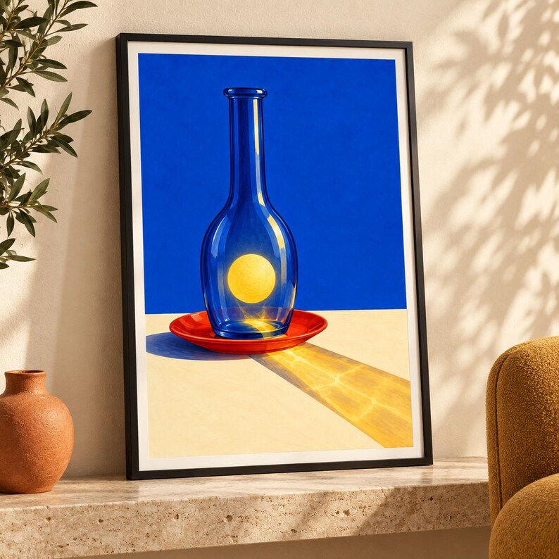 Puede incluir: Una l&aacute;mina enmarcada que muestra una botella alta de cristal azul transparente sobre un peque&ntilde;o platillo rojo. Dentro de la botella, una esfera amarilla brillante emite un largo y n&iacute;tido haz de luz dorada sobre la superficie clara inferior.