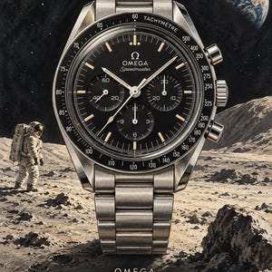 Op de afbeelding: Een Omega Speedmaster chronograaf horloge met een zwarte wijzerplaat, drie sub-wijzerplaten en een roestvrijstalen schakelarmband. De wijzerplaat toont het Omega-logo, de tekst Speedmaster en een tachymeterschaal. Onderaan staat OMEGA SPEEDMASTER 1957.
