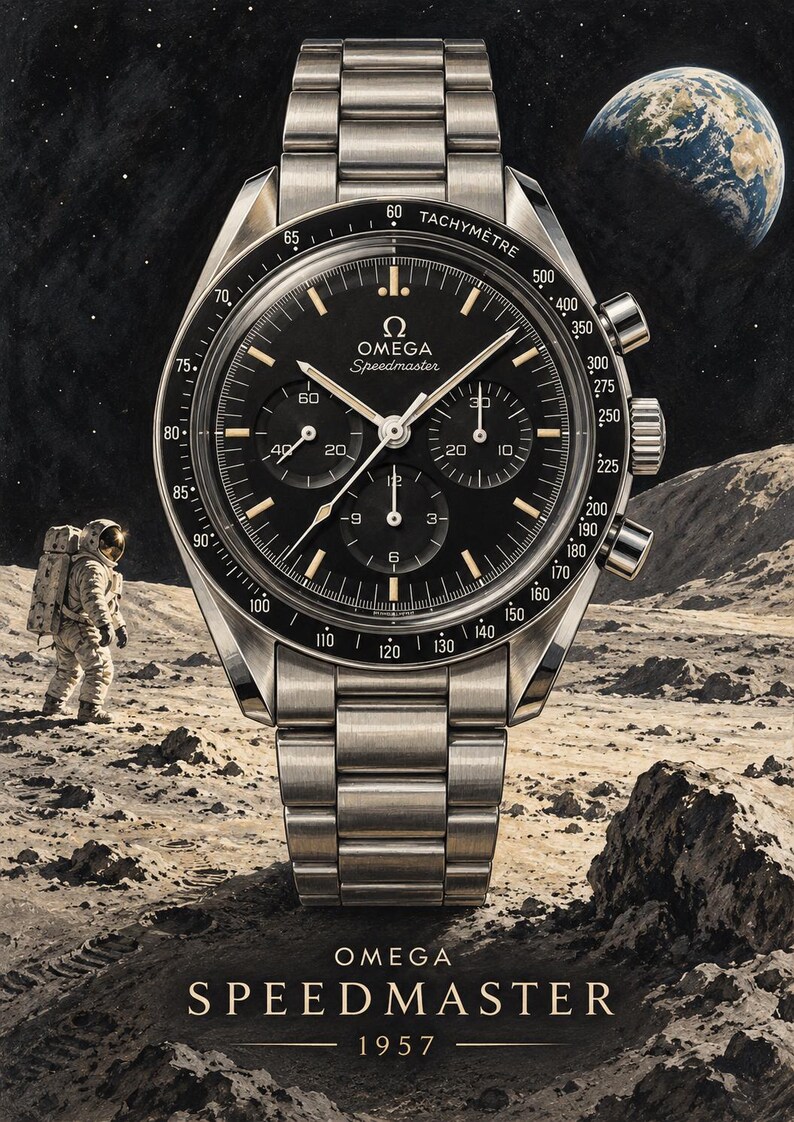 Op de afbeelding: Een Omega Speedmaster chronograaf horloge met een zwarte wijzerplaat, drie sub-wijzerplaten en een roestvrijstalen schakelarmband. De wijzerplaat toont het Omega-logo, de tekst Speedmaster en een tachymeterschaal. Onderaan staat OMEGA SPEEDMASTER 1957.