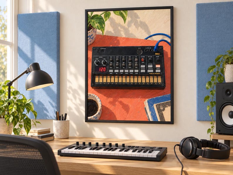 Puede incluir: Una impresi&oacute;n de pared enmarcada que muestra una caja de ritmos anal&oacute;gica Korg Volca Beats negra con una pantalla digital roja que muestra 120, m&uacute;ltiples perillas de control y un teclado t&aacute;ctil, sobre un fondo naranja vibrante con una planta y libros.