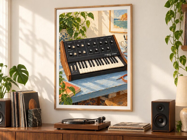 May include: A framed wall art print depicting a Moog Prodigy analog synthesizer with a black control panel, white keys, and wooden side panels, resting on a light blue table in a sunlit room with green plants and a coastal painting in the background.
