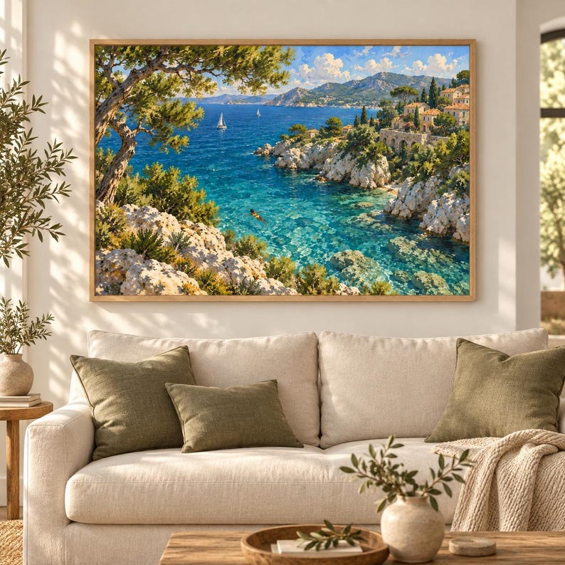 May include: A rectangular wall art print featuring a coastal landscape with rocky cliffs, lush green trees, and a clear blue sea. A small sailboat floats on the water near a distant mountain range, while a person swims in the turquoise cove.