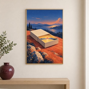 May include: A rectangular white matchbox rests on a reddish-orange hillside, with its open drawer revealing a miniature landscape of a calm lake, distant mountains, and a glowing orange sun against a deep blue sky at sunset or sunrise.