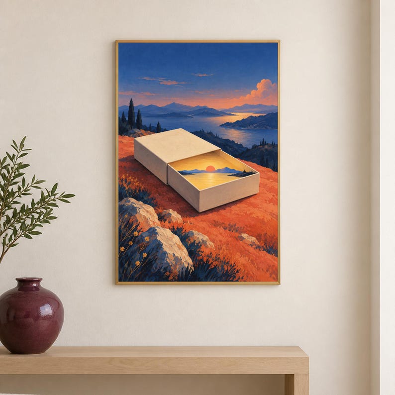 May include: A rectangular white matchbox rests on a reddish-orange hillside, with its open drawer revealing a miniature landscape of a calm lake, distant mountains, and a glowing orange sun against a deep blue sky at sunset or sunrise.