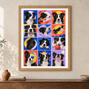 May include: A framed wall art print featuring a grid of twelve colorful panels, each displaying a Border Collie dog in various poses and artistic settings, including wearing sunglasses, a crown, and interacting with a red ball against vibrant backgrounds.