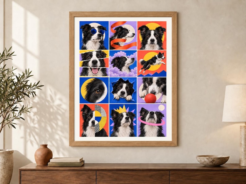 May include: A framed wall art print featuring a grid of twelve colorful panels, each displaying a Border Collie dog in various poses and artistic settings, including wearing sunglasses, a crown, and interacting with a red ball against vibrant backgrounds.