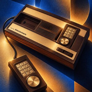 Puede incluir: Una consola de videojuegos Mattel Intellivision con acabado de madera, ranura para cartuchos y teclado integrado. Un mando con cable a juego, con teclado num&eacute;rico y un disco circular, se sit&uacute;a frente a la consola que muestra el texto Mattel Intellivision.