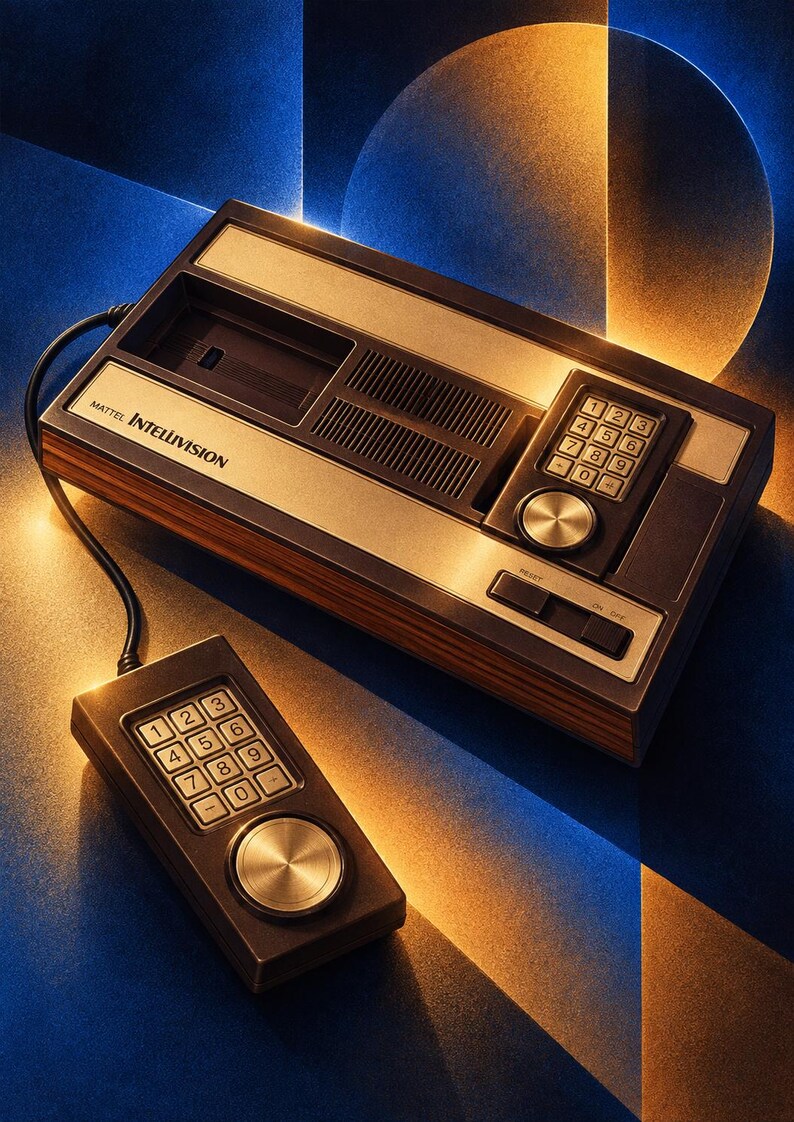Puede incluir: Una consola de videojuegos Mattel Intellivision con acabado de madera, ranura para cartuchos y teclado integrado. Un mando con cable a juego, con teclado num&eacute;rico y un disco circular, se sit&uacute;a frente a la consola que muestra el texto Mattel Intellivision.