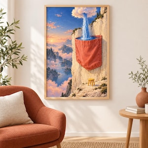 May include: A framed wall art print depicting a surreal landscape with a red fabric pocket attached to a rocky cliff face. A waterfall flows from a cloud into the pocket. A small yellow stool sits on the rocky ledge below the pocket.