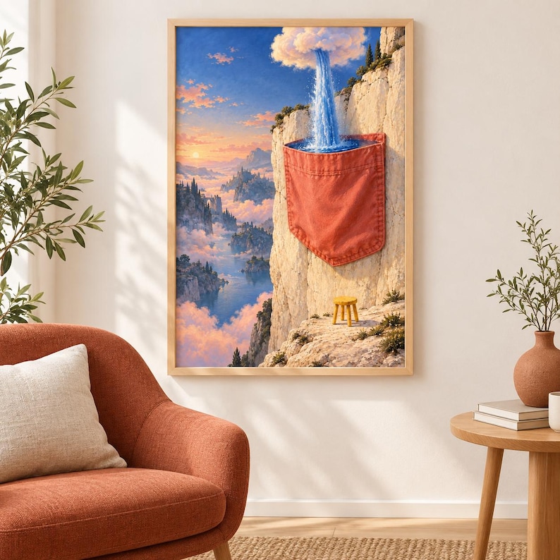 May include: A framed wall art print depicting a surreal landscape with a red fabric pocket attached to a rocky cliff face. A waterfall flows from a cloud into the pocket. A small yellow stool sits on the rocky ledge below the pocket.