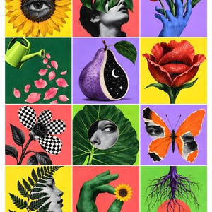 Pu&ograve; includere: Una griglia di dodici pannelli di arte collage surrealista con colori vivaci ed elementi a tecnica mista, tra cui un girasole con un occhio, una persona con una foglia di monstera, mani blu che tengono tulipani rossi, un annaffiatoio e una pera.