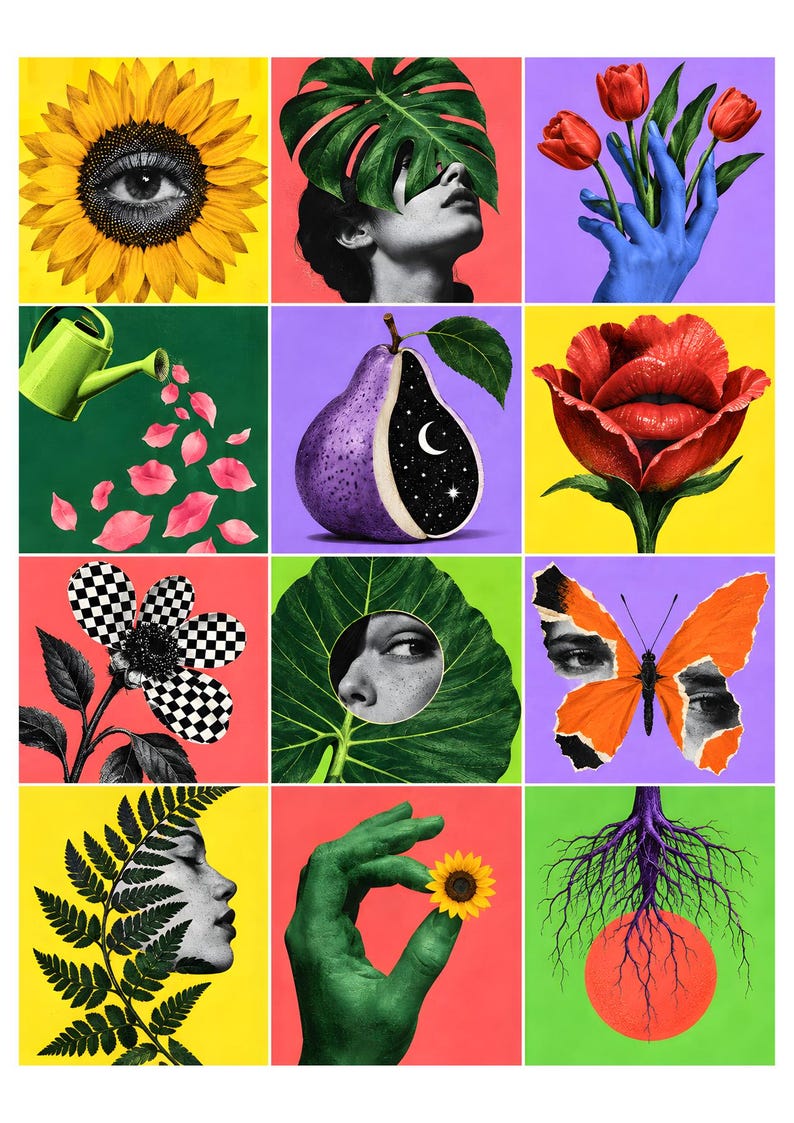 Pu&ograve; includere: Una griglia di dodici pannelli di arte collage surrealista con colori vivaci ed elementi a tecnica mista, tra cui un girasole con un occhio, una persona con una foglia di monstera, mani blu che tengono tulipani rossi, un annaffiatoio e una pera.