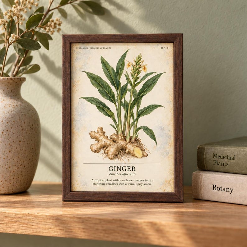 K&ouml;nnte beinhalten: Ein gerahmter botanischer Druck mit einer detaillierten Illustration einer Ingwerpflanze mit gr&uuml;nen Bl&auml;ttern und einer gelben Bl&uuml;te, mit dem Text GINGER Zingiber officinale und einer Beschreibung auf einem cremefarbenen Hintergrund im Vintage-Stil.