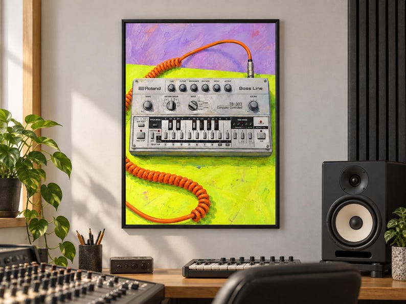 May include: A framed art print featuring a silver Roland TB-303 Bass Line synthesizer with a coiled orange cable, set against a vibrant lime green and purple painted background. The device displays various knobs, switches, and a small keyboard.