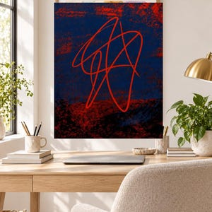 May include: A rectangular wall art print featuring a dark navy blue and black textured background with a prominent, continuous bright red line drawing that forms an abstract, tangled, and looping shape across the center of the composition.