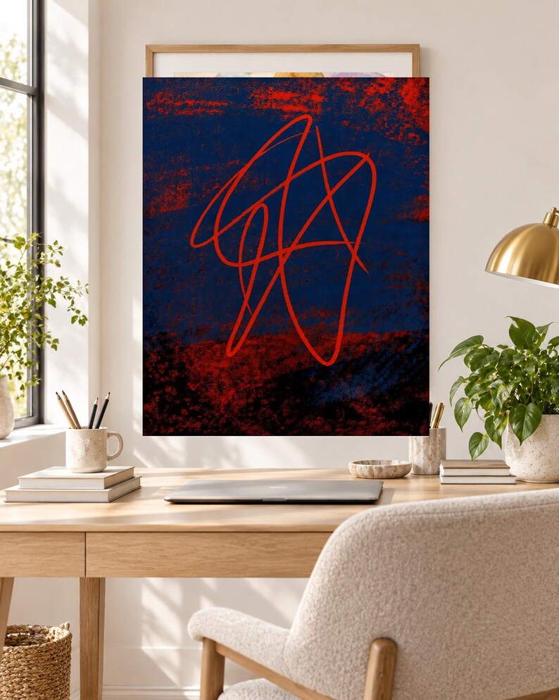 May include: A rectangular wall art print featuring a dark navy blue and black textured background with a prominent, continuous bright red line drawing that forms an abstract, tangled, and looping shape across the center of the composition.