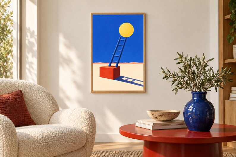 May include: A framed wall art print featuring a surreal landscape with a bright yellow circle suspended in a deep blue sky above a red cube. A blue ladder leans against the cube, which sits on a light beige ground with a long, dark blue shadow.