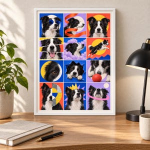 May include: A framed wall art print featuring a grid of twelve distinct portraits of a black and white Border Collie dog. The images showcase the dog in various playful poses, wearing sunglasses, a crown, and interacting with colorful geometric shapes.