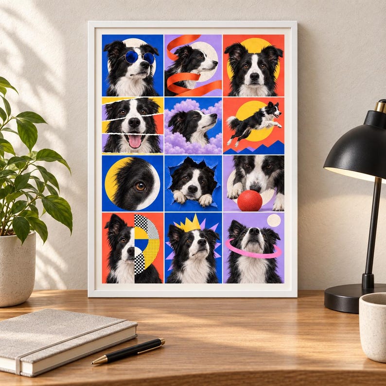 May include: A framed wall art print featuring a grid of twelve distinct portraits of a black and white Border Collie dog. The images showcase the dog in various playful poses, wearing sunglasses, a crown, and interacting with colorful geometric shapes.