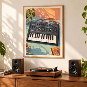 Op de afbeelding: Een ingelijste kunstdruk met een zwarte synthesizer met witte toetsen, zwarte knoppen en schuifregelaars op een blauw oppervlak. De afbeelding bevat ook een kleine mok, een notitieboek en een rode kabel tegen een achtergrond in oranje tinten.