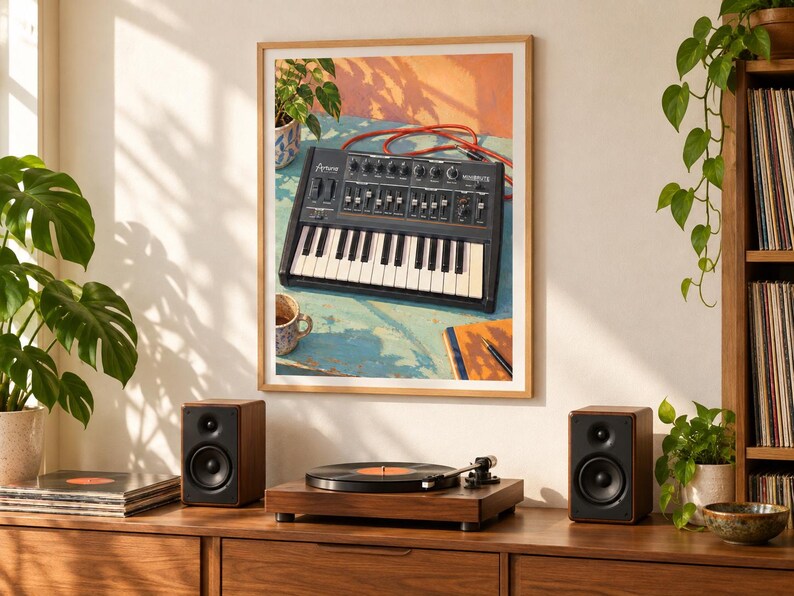 Op de afbeelding: Een ingelijste kunstdruk met een zwarte synthesizer met witte toetsen, zwarte knoppen en schuifregelaars op een blauw oppervlak. De afbeelding bevat ook een kleine mok, een notitieboek en een rode kabel tegen een achtergrond in oranje tinten.