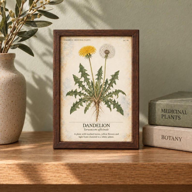 May include: A rectangular dark wood frame containing a botanical print of a dandelion. The print features a yellow flower, a white seed head, and green leaves with the text DANDELION Taraxacum officinale and a description of the plant.