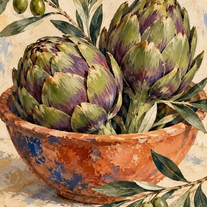 May include: An oil painting depicting two green and purple artichokes resting inside a rustic terracotta bowl. A branch with green olives and pointed leaves extends from the top left, while another olive branch rests at the bottom right.