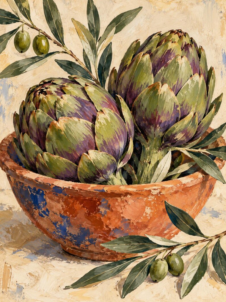 May include: An oil painting depicting two green and purple artichokes resting inside a rustic terracotta bowl. A branch with green olives and pointed leaves extends from the top left, while another olive branch rests at the bottom right.