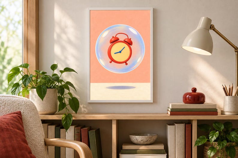May include: A framed wall art print featuring a red analog alarm clock with a yellow face and blue hands floating inside a transparent bubble against a solid peach background, with a dark shadow cast on the light surface below the bubble.