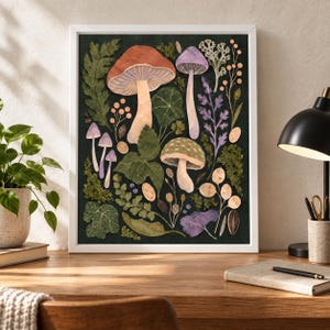 May include: A framed wall art print featuring a dark green background with a botanical arrangement of various mushrooms, including a large orange-capped mushroom, a purple-capped mushroom, and a green-spotted mushroom, alongside assorted leaves.