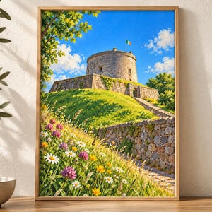 Puede incluir: Un cuadro de paisaje enmarcado que representa una torre de piedra sobre una colina cubierta de hierba bajo un cielo azul brillante. El primer plano muestra un prado vibrante lleno de margaritas blancas, flores amarillas y tr&eacute;boles morados.