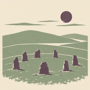 May include: A graphic print featuring a circle of seven dark purple standing stones set in a green grassy field. In the background, rolling green hills are visible under a pale sky with a dark purple sun. The word TYRONE is printed in capital letters.