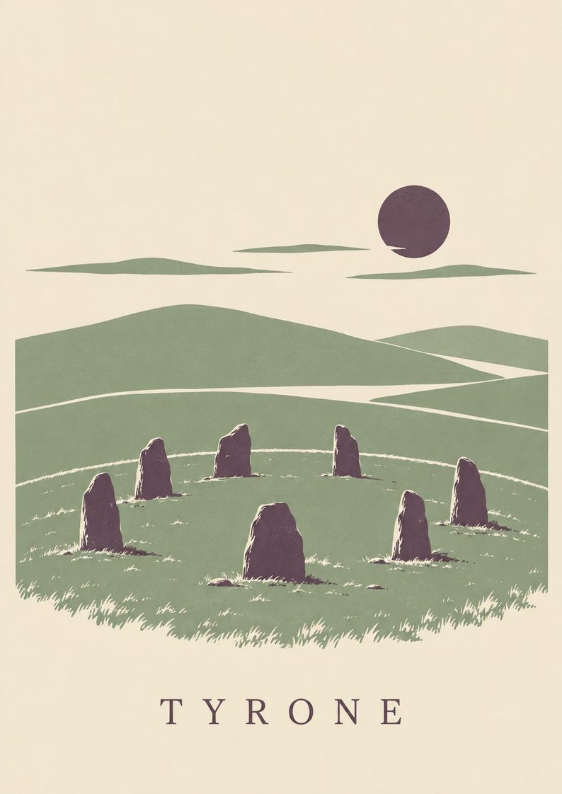 May include: A graphic print featuring a circle of seven dark purple standing stones set in a green grassy field. In the background, rolling green hills are visible under a pale sky with a dark purple sun. The word TYRONE is printed in capital letters.