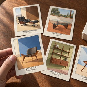 Puede incluir: Un conjunto de tarjetas rectangulares con ilustraciones de dise&ntilde;os de muebles de mediados de siglo. Cada tarjeta muestra una pieza como la Eames Lounge Chair, la mesa Noguchi, el escritorio Nyhavn, la Shell Chair, el Royal System y el Cicognino.