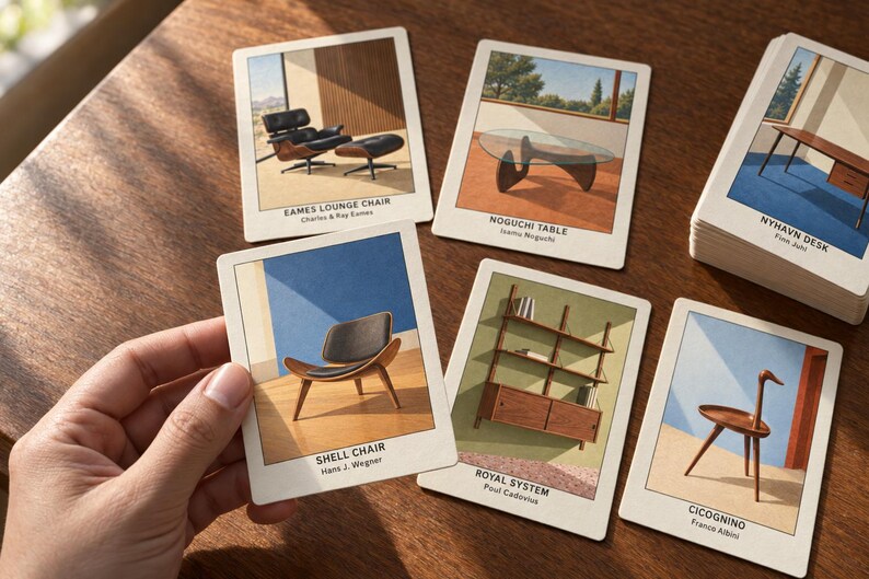 Puede incluir: Un conjunto de tarjetas rectangulares con ilustraciones de dise&ntilde;os de muebles de mediados de siglo. Cada tarjeta muestra una pieza como la Eames Lounge Chair, la mesa Noguchi, el escritorio Nyhavn, la Shell Chair, el Royal System y el Cicognino.