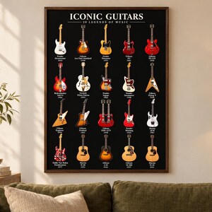 Iconic Guitars A2 Poster, 20 Legendary Guitars, Black and Ivory Versions, Printable Music Wall Art image 4